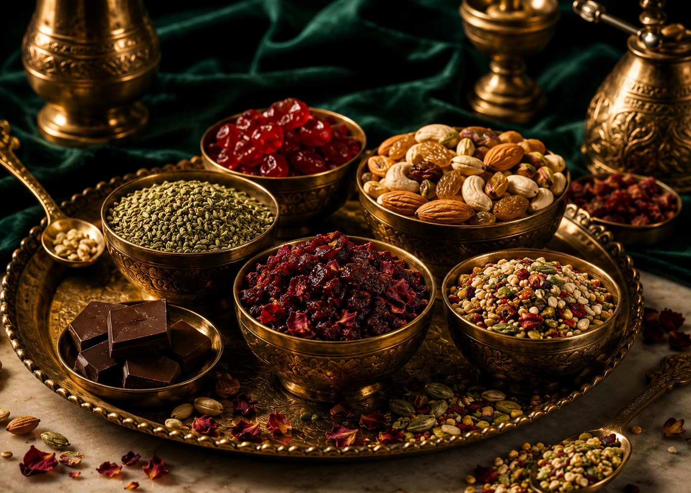 Finishing ingredients for custom pan arranged in elegant brass bowls