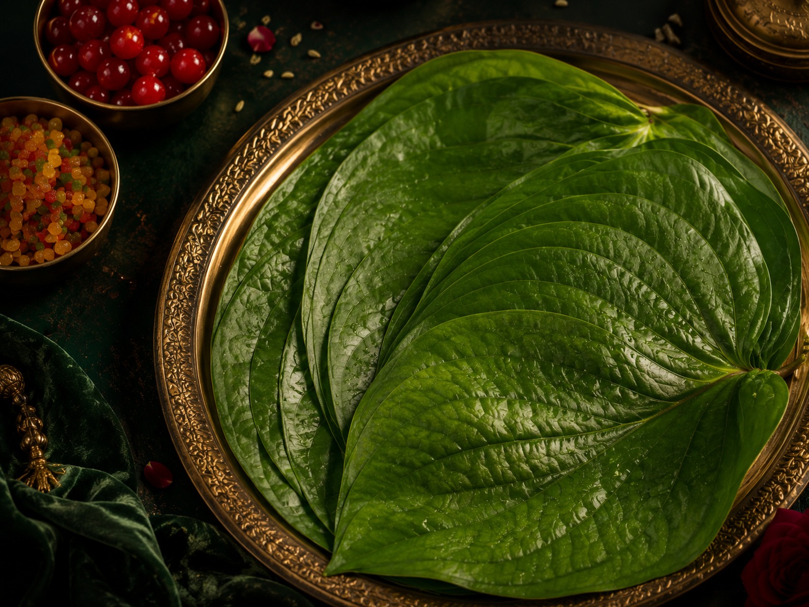 Close-up of selected fresh betel leaves arranged with emerald and gold styling