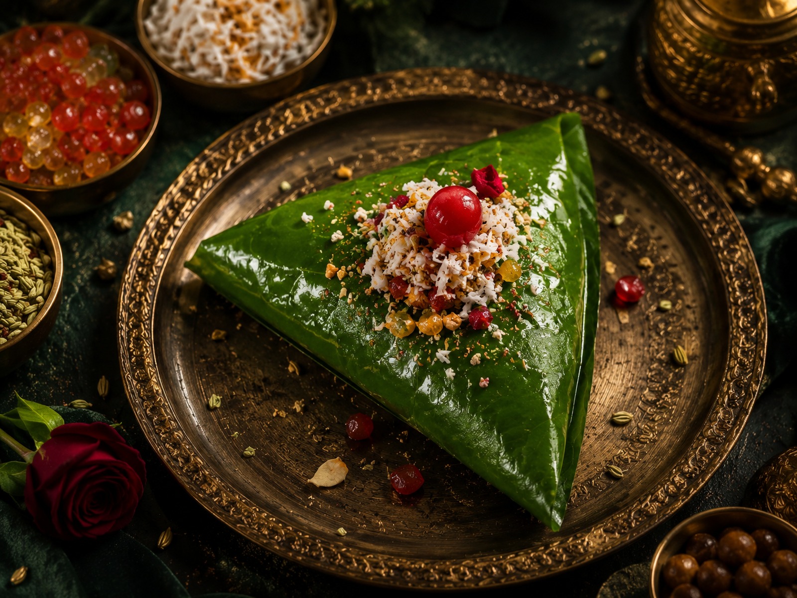 Finished premium meetha pan displayed elegantly with ingredients and gold accents