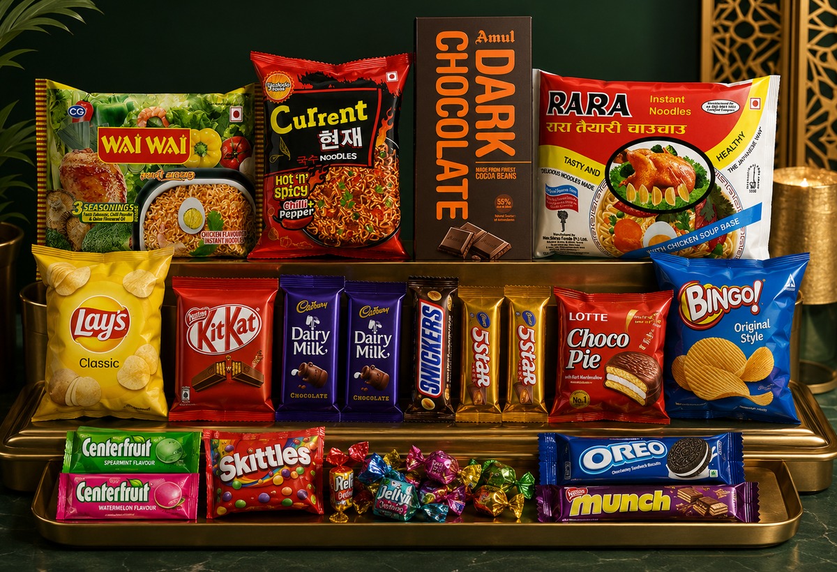 Snacks biscuits candies and chocolates available at Manakamana Pan Bhandar